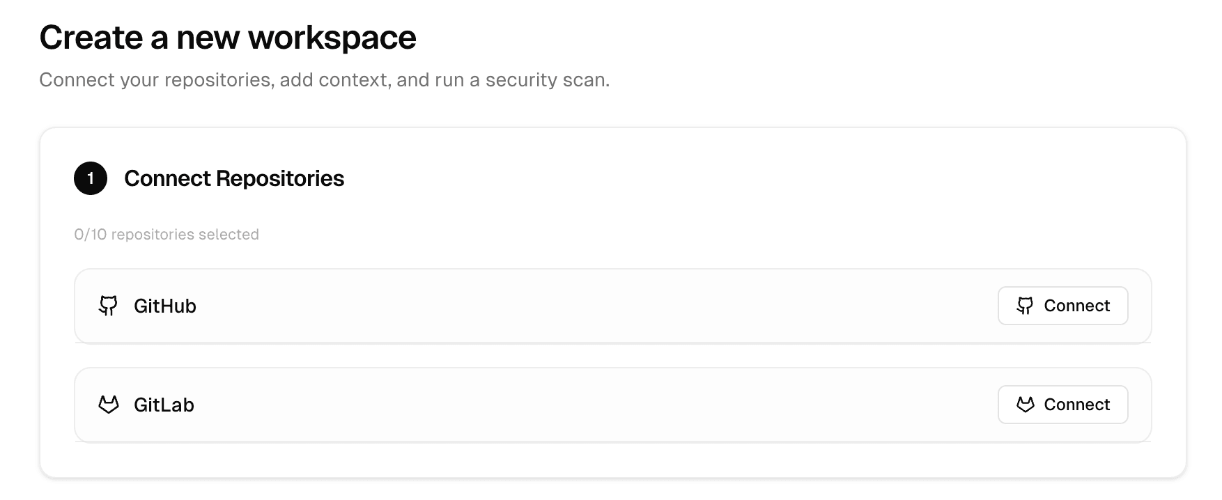 Workspace setup showing the GitHub and GitLab connect options.