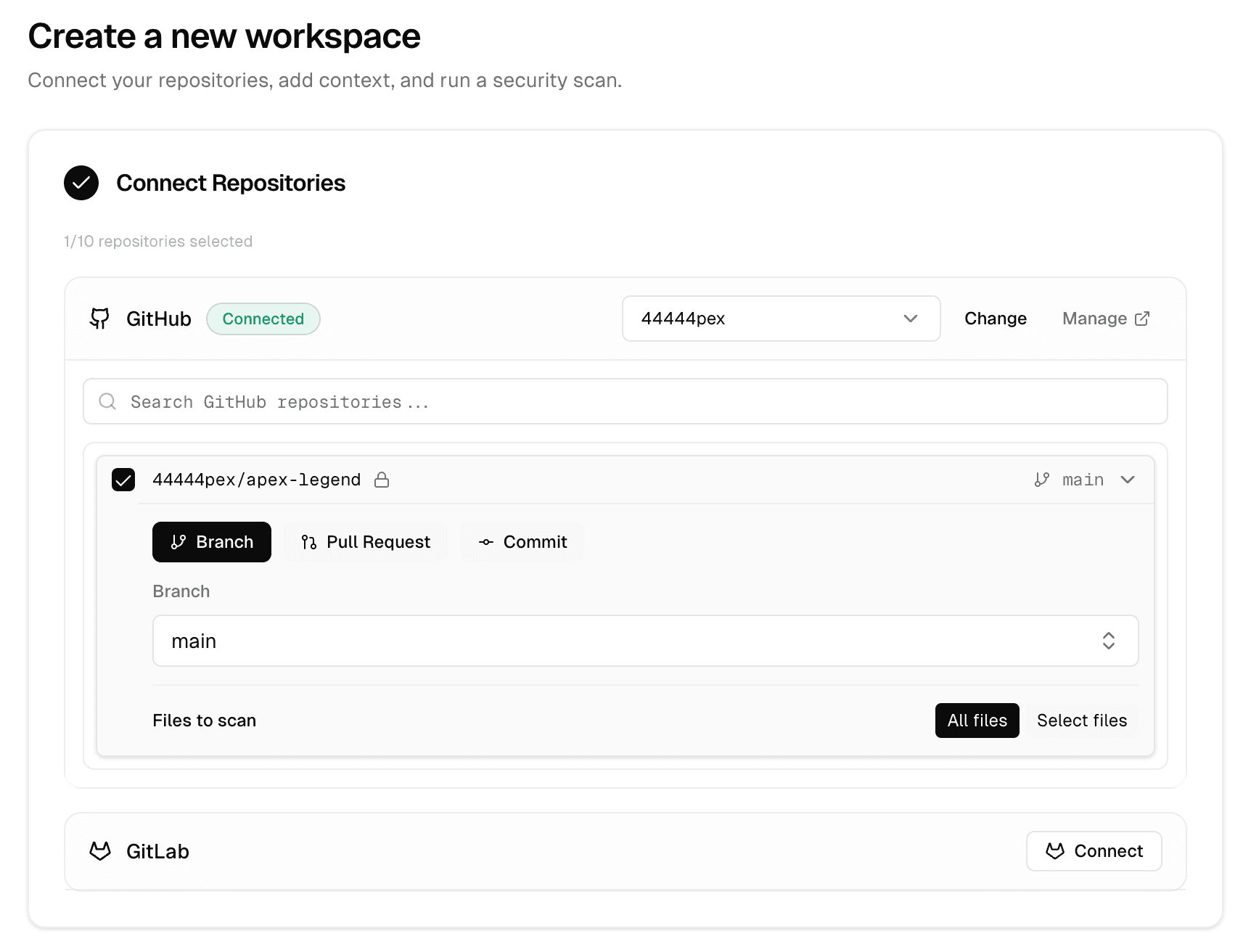 Workspace setup after GitHub is connected.