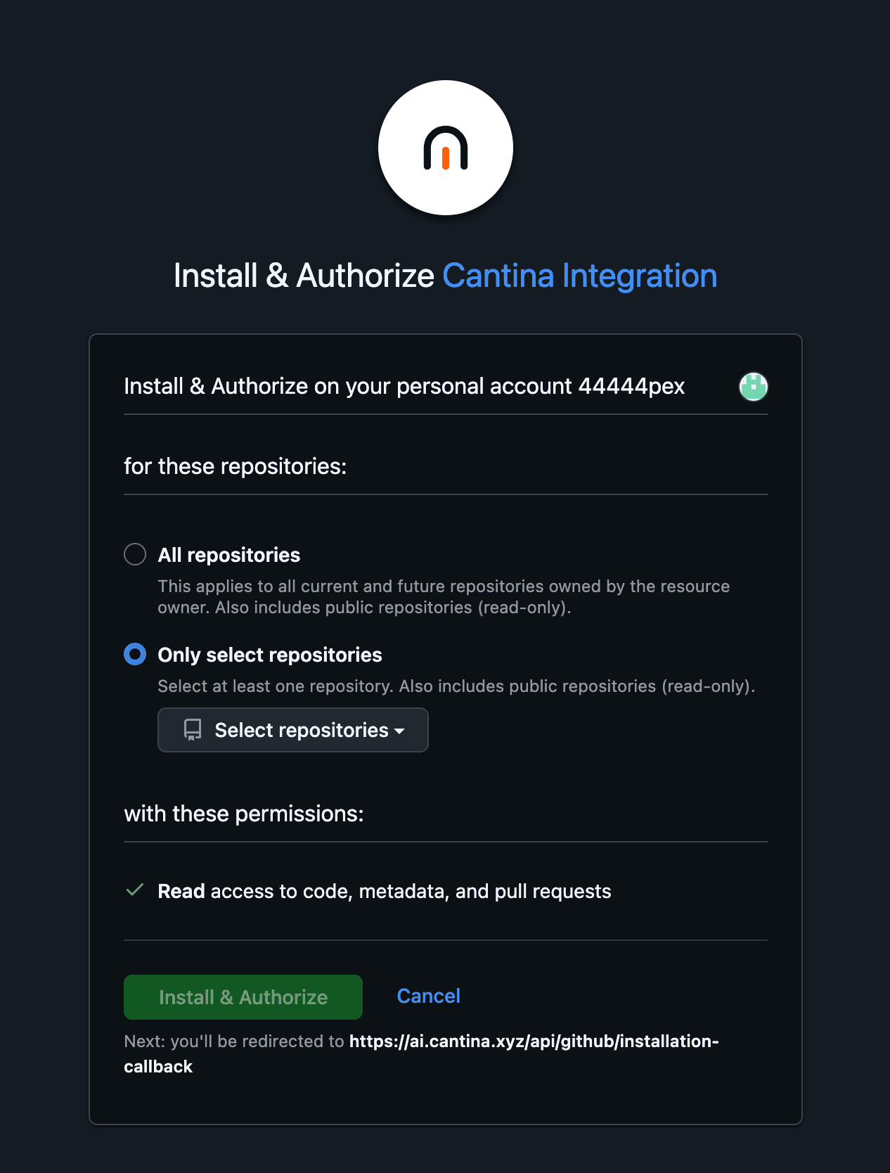 GitHub App authorization screen.